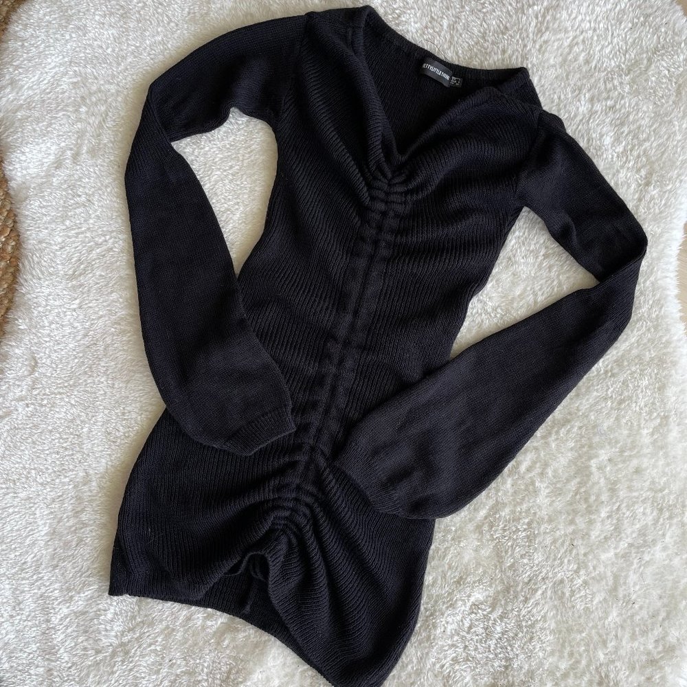PLL Black Mini Knit Dress with Adjustable Rouched Front and Butterfly Sleeves